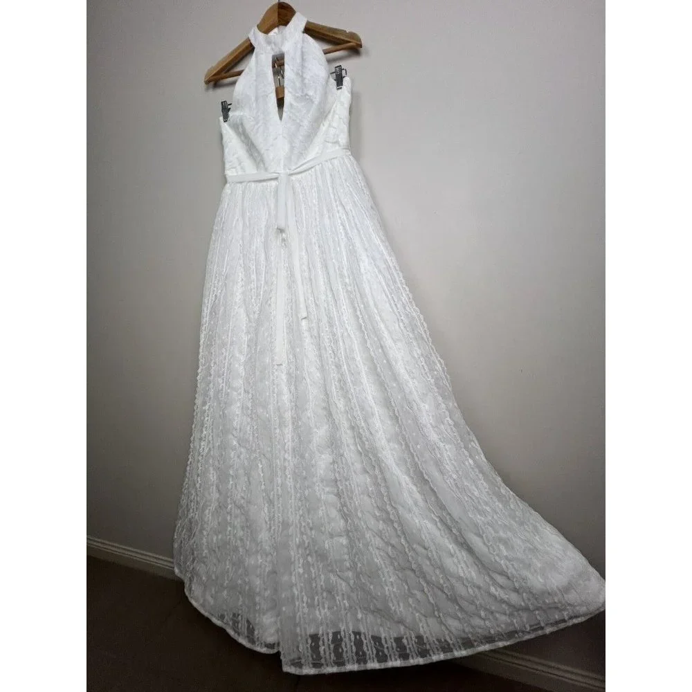 Monique Lhuillier White Lace Formal Gown Wedding Dress Keyhole Halter Size 8 - Picture 11 of 16